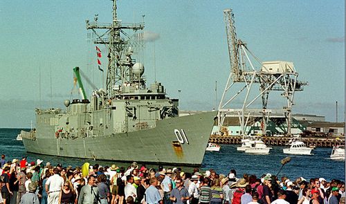 The HMAS Adelaide, the ship involved in the rescue, was given a hero's welcome home upon its return. Picture: Supplied.