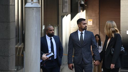 Sri Lankan cricketer Danushka Gunathilaka (centre) accused of sexually assaulting a woman in Sydney in November 2022, arrives at Downing Centre District Court to face a judge-alone trial. September 18, 2023. Photo: Kate Geraghty