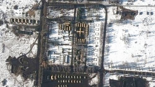Satellite imagery provided by Maxar Technologies shows a close up of field hospital and troop deployment in  western Belgorod, Russia as tensions with Ukraine continue to escalate. 