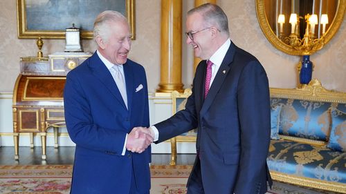 King Charles III hosts an Audience with the Australian Prime Minister Anthony Albanese at Buckingham Palace on May 2, 2023 in London 