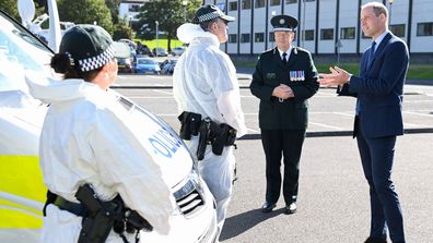 Prince William, Duke of Cambridge meets with Chiefs of the PSNI, Fire Service and Ambulance Service, as he attends a PSNI Wellbeing Volunteer Training course to talk about mental health support within the emergency services at PSNI Garnerville on September 09, 2020 in Belfast, Northern Ireland