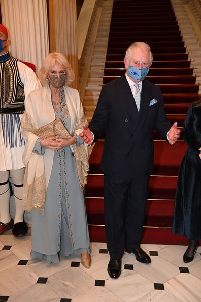  Prince Charles, Prince of Wales and Camilla, Duchess of Cornwall attend a dinner and reception hosted by Her Excellency the President of the Hellenic Republic, Mrs. Katerina N Sakellaropoulou at the Presidential Mansion on March 24, 2021 in Athens, Greece.