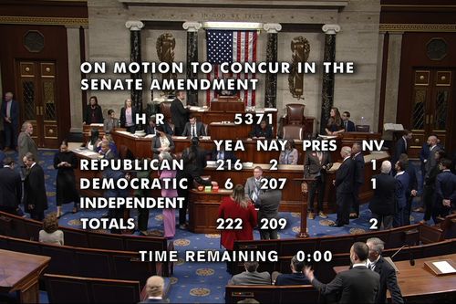 In this image provided by House Television, the vote total showing passage of the bill in the House to end the government shutdown is displayed Wednesday, Nov. 12, 2025, at the Capitol in Washington. (House Television via AP)