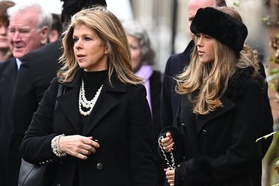 Kate Garraway and daughter Darcey Draper attend the funeral of her husband Derek Draper at St Mary the Virgin Church, on February 2, 2024 in London 