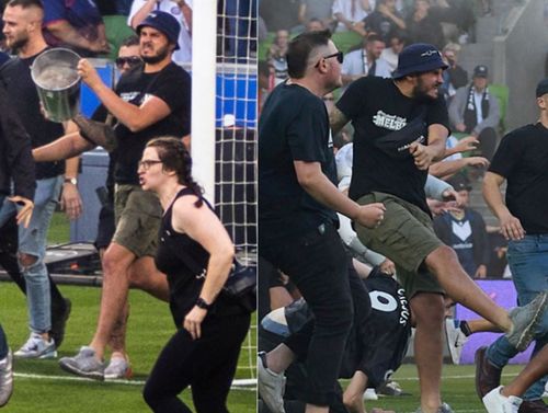 Police have released photos of men they want to speak to after a mass pitch invasion during last night's A-League derby match at AAMI Park in Melbourne.