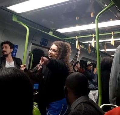 Group singing on train Reddit post.