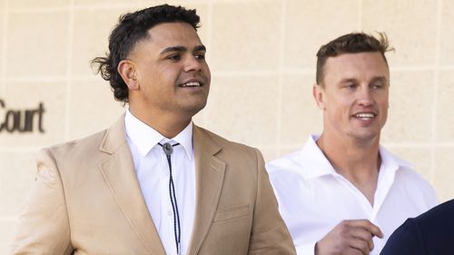 NRL players Latrell Mitchell and Jack Wighton arrive at ACT Magistrates Court, in Canberra on Tuesday 31 October 2023. fedpol Photo: Alex Ellinghausen