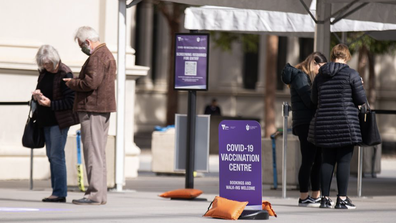 MELBOURNE,April 23, 2021 -- Photo taken on April 23, 2021 shows people at the COVID-19 vaccination centre in Melbourne, Australia. TO GO WITH "News Analysis: how will Australia go with new phase of vaccination rollout?" (Photo by Hu Jingchen/Xinhua via Getty) (Xinhua/Hu Jingchen via Getty Images)