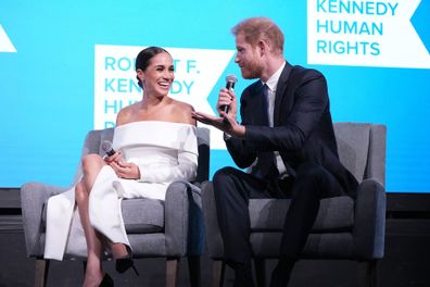 Meghan, Duchess of Sussex and Prince Harry, Duke of Sussex speak onstage at the 2022 Robert F. Kennedy Human Rights Ripple of Hope Gala at New York Hilton on December 06, 2022 in New York City