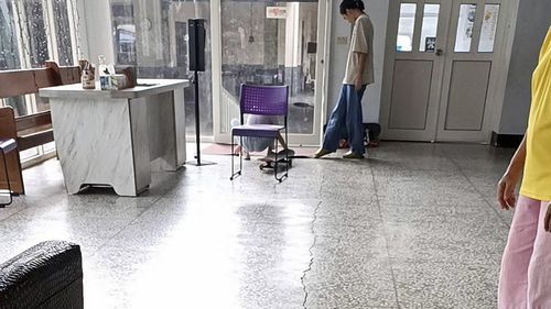 This photo provided by the Mount Carmel Presbyterian Church shows a crack on the floor at the church following an earthquake, in Yuli township in Hualian, eastern Taiwan, Sunday, Sept. 18, 2022. (The Mount Carmel Presbyterian Church via AP)