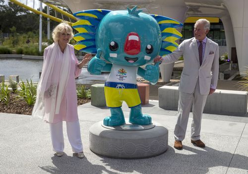 The Prince of Wales and the Duchess of Cornwall during a visit to the Athletes Village at the 2018 Gold Coast Commonwealth Games on Day two of their tour to Australia. (AAP)