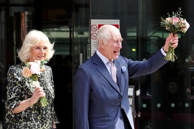 Queen Camilla and King Charles III depart from the University College Hospital Macmillan Cancer Centre on April 30, 2024 in London, England.  