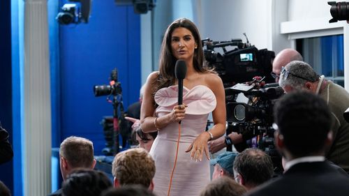 CNN's Kaitlan Collins does a report before President Donald Trump speaks in the James Brady Press Briefing Room at the White House after an unspecified threat at the annual White House Correspondents' Association Dinner in Washington, Saturday, April 25, 2026. (AP Photo/Jose Luis Magana)