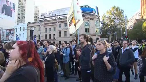 Traffic on Swanston and Flinders Streets is blocked due to the large turnout to the protests. (9NEWS)