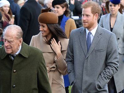 Prince Philip, Prince Harry and Meghan Markle leave Christmas Day service together.