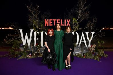 Gemma Chua-Tran, Kylah Day and Chloé Hayden attends the "Wednesday" S2, Part 2 'Wednesday Island Fan Event' on Cockatoo Island on August 16, 2025 in Sydney, Australia. (Photo by Hanna Lassen/Getty Images for Netflix)