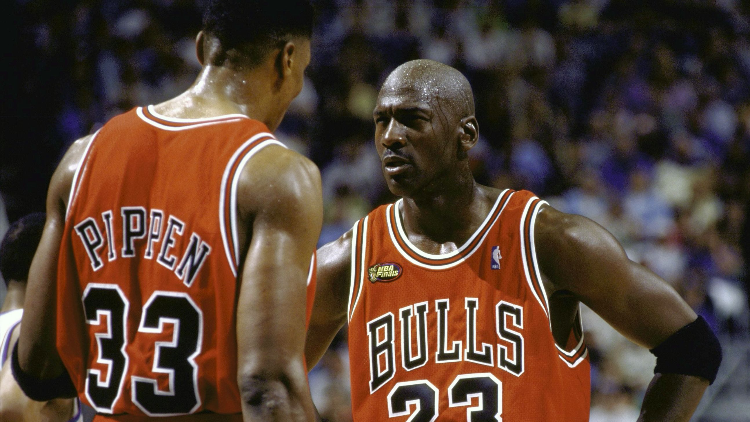 Used 12/13/1999 Basketball: NBA Finals: Chicago Bulls Michael Jordan (23) with Scottie Pippen (33) on court during Game 1 vs Utah Jazz at Delta Center. Salt Lake City, UT 6/3/1998 CREDIT: John W. McDonough (Photo by John W. McDonough /Sports Illustrated/Getty Images) (Set Number: X55711 )