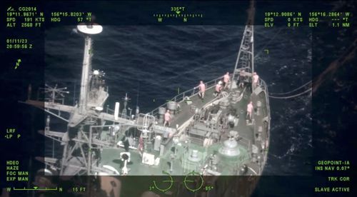 This image made from a video provided by the US Coast Guard District 14 Hawaii Pacific and dated January 2023 shows a Russian ship patrolling off the coast of Hawaii. 