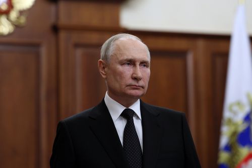 Russian President Vladimir Putin addresses the nation, in Moscow, Russia, Saturday, June 24, 2023. 