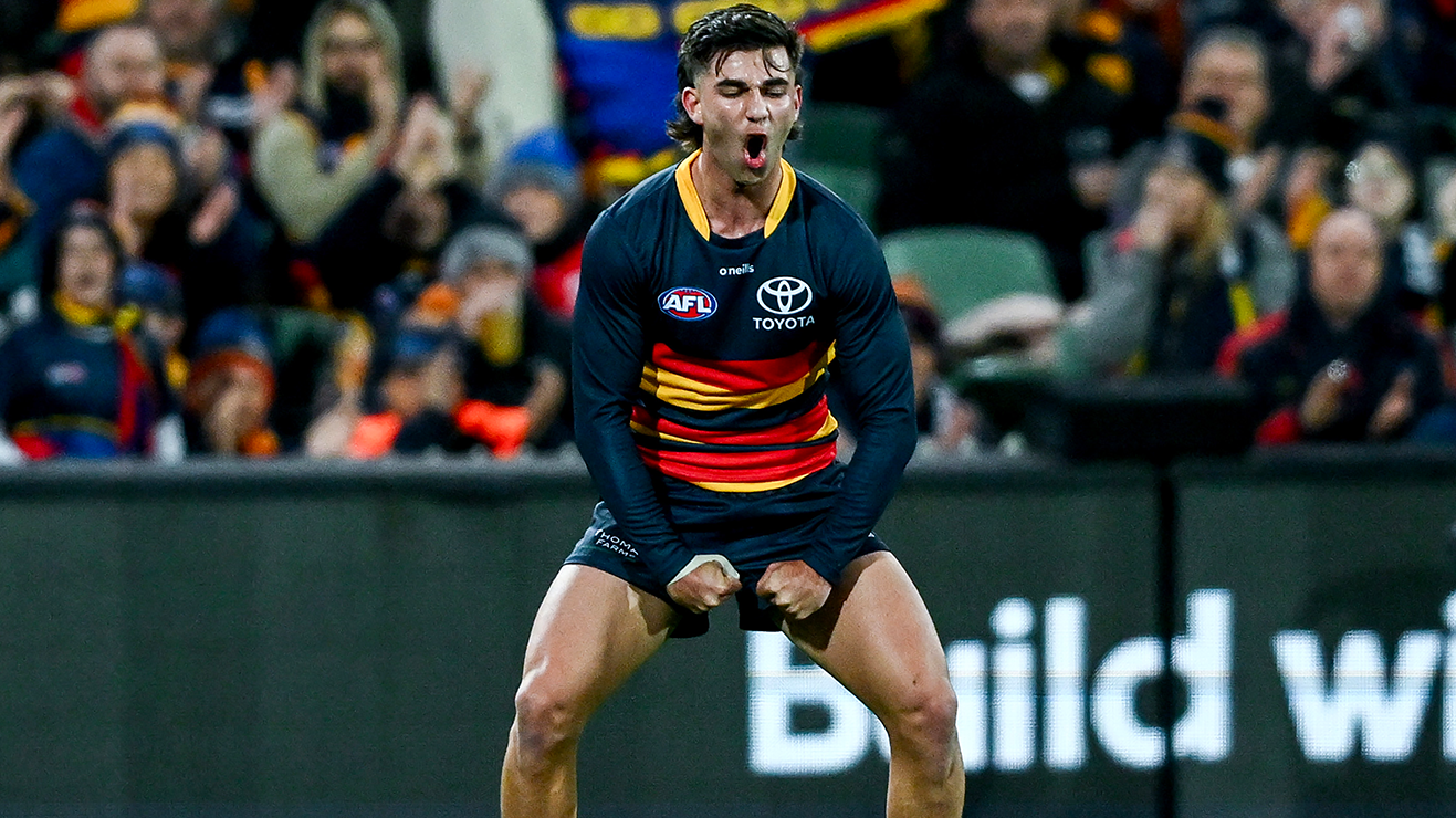 Josh Rachele celebrates a goal during the round 18 AFL match between the Adelaide Crows and GWS Giants.