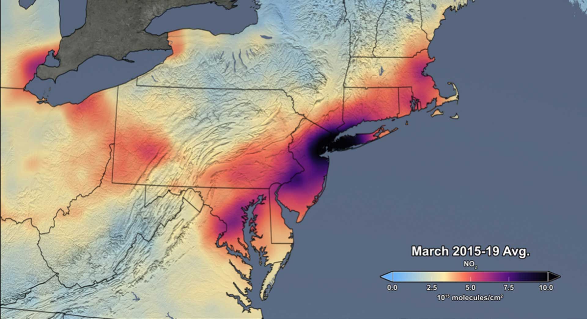 Nitrogen dioxide levels above United States.