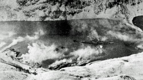 Clouds of the acid released to screen the Tirpitz from Allied aircraft. (Photo: Imperial War Museums UK).