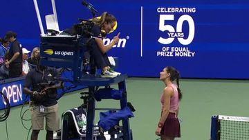 Sorana Cirstea argues with the chair umpire during her quarter-final.