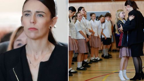 New Zealand Prime Minister Jacinda Ardern arrives during a high school visit in Christchurch.