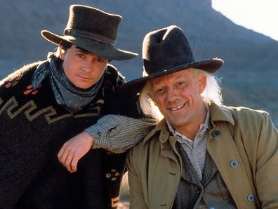 Michael J Fox and Christopher Lloyd in a scene from the film 'Back to the Future Part III', 1990.