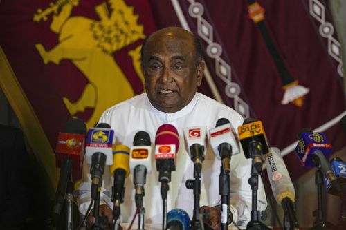 Sri Lanka's Parliament Speaker Mahinda Yapa Abeywardana speaks during a press conference in Colombo, Sri Lanka, Friday, July 15, 2022.  