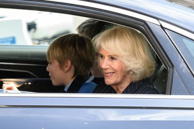 Queen Camilla is seen as she leaves Westminster Abbey on May 03, 2023 in London