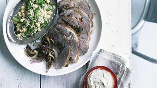 Roast rolled lamb with baba ghanoush and mint and parsley salad