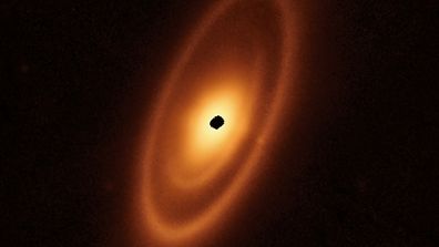 This image of the dusty debris disc surrounding the young star Fomalhaut is from Webb's Mid-Infrared Instrument (MIRI). It reveals three nested belts extending out to 23 billion kilometres from the star. The inner belts — which had never been seen before — were revealed by Webb for the first time.