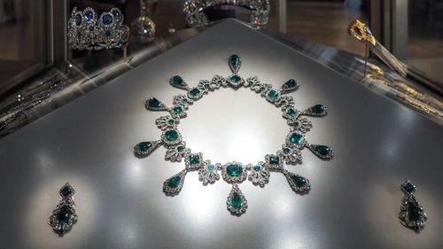Necklace and earrings from the emerald set of Napoleon's second wife Empress Marie-Louise shown at the Louvre Museum on May 20, 2021.