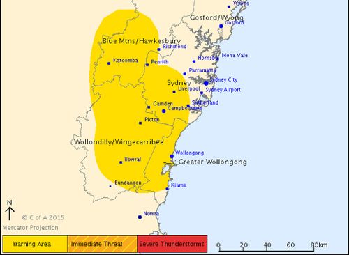 Severe thunderstorm threat eases south-west of Sydney, but warning remains in place