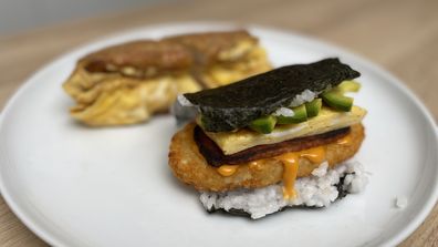 Epic hash brown creations. Okinawa style onigiri sushi is epic with an added hash brown.
