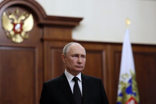 Russian President Vladimir Putin addresses the nation, in Moscow, Russia, Saturday, June 24, 2023. 