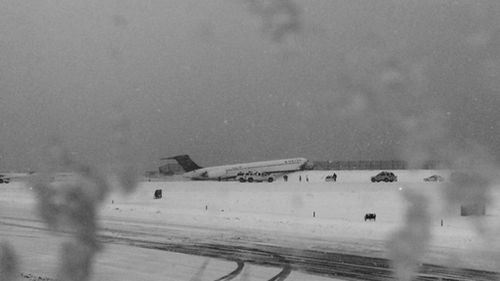 The Delta Airlines jet lays stranded in the snow at La Guardia airport. (Instagram/KistinaGrossmann)