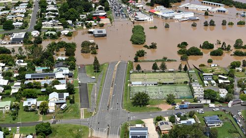 Floodwaters surround the town of Gympie, north of Sunshine Coast.