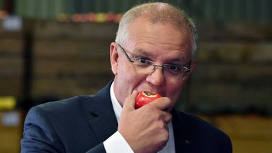 Scott Morrison eats an apple in Devonport, Tasmania.