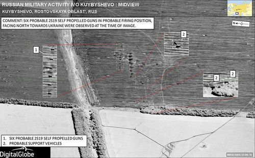 Satellite imagery that apparently shows six self-propelled guns and Russian support vehicles crossing the border in Ukraine. (NATO)