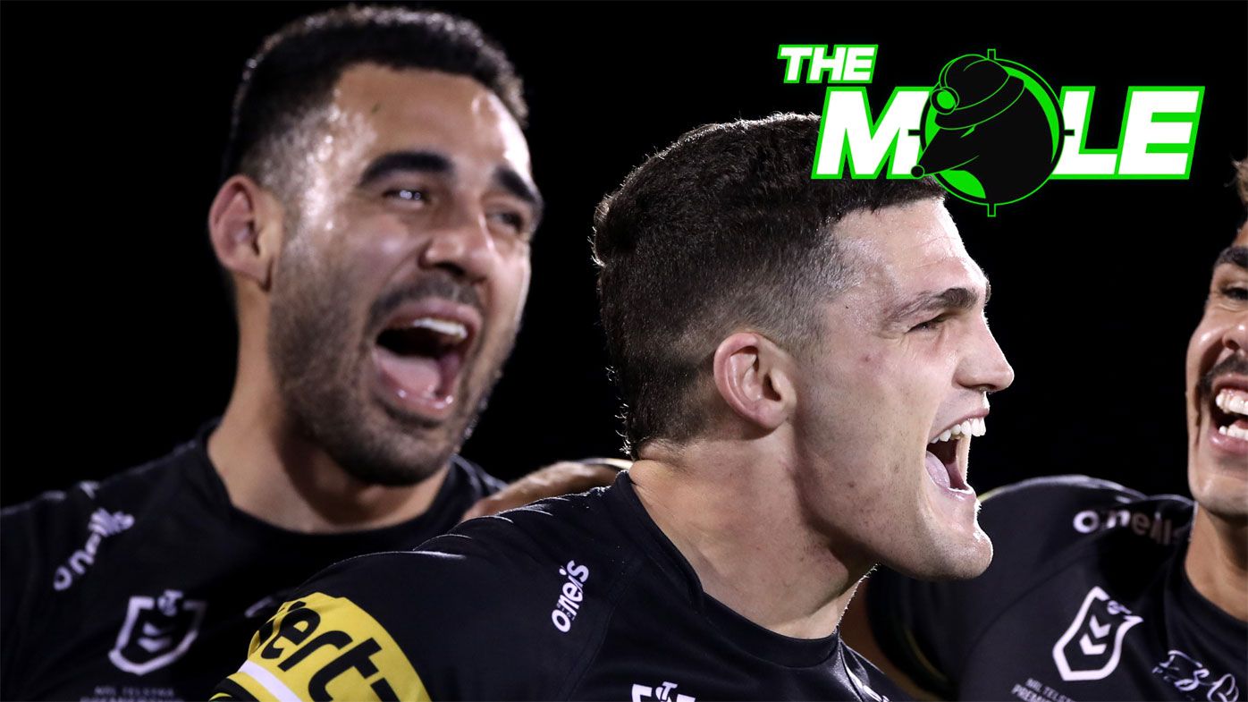 Tyrone May celebrates a try with close mate and then Panthers teammate Nathan Cleary.