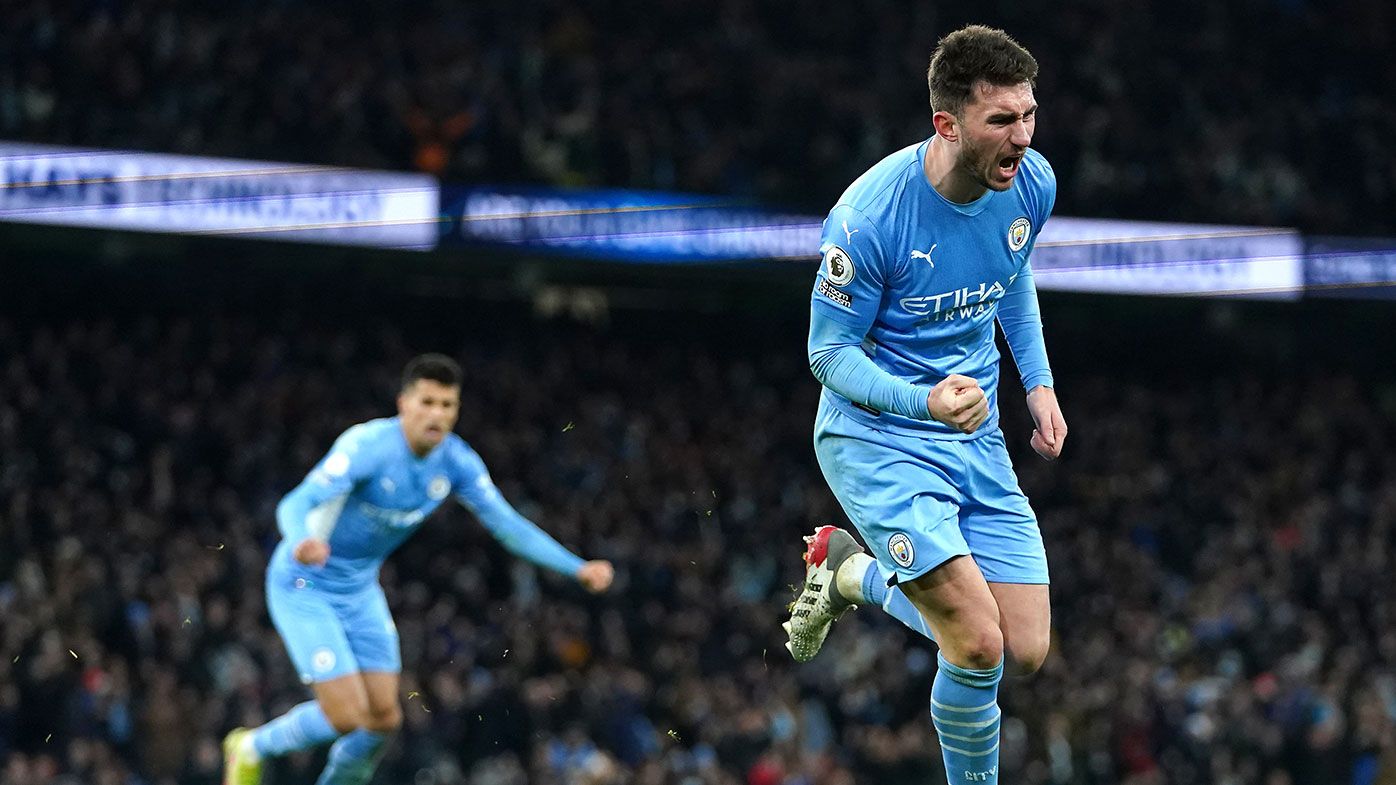 Manchester City&#x27;s Aymeric Laporte celebrates scoring his side&#x27;s fifth goal