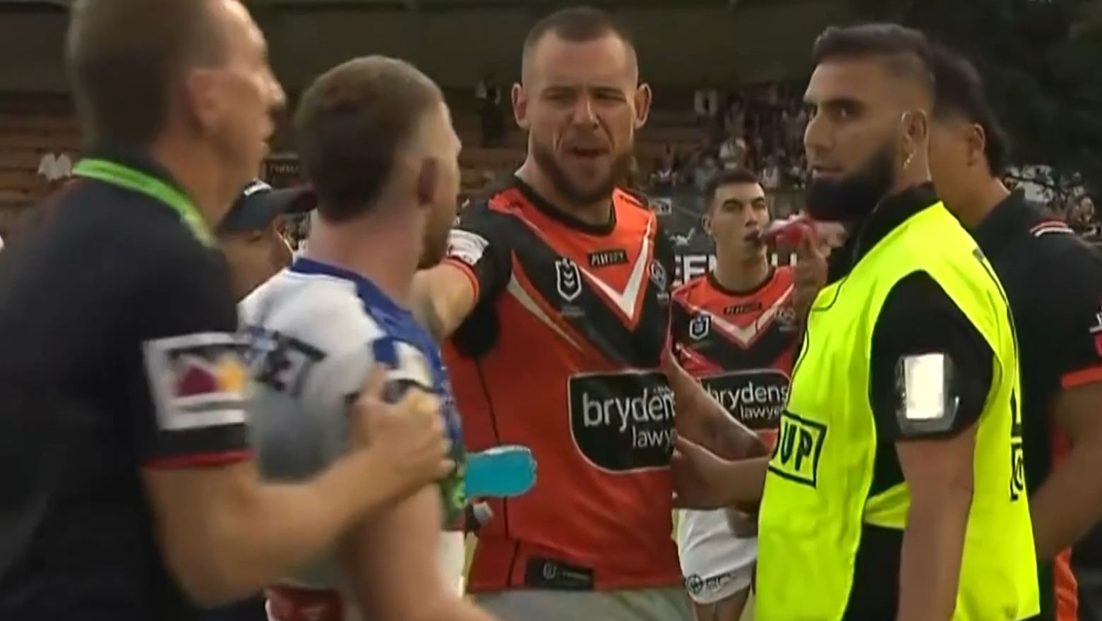 Wests Tigers firebrand David Klemmer and Knights player Jackson Hastings in a post-game scuffle.