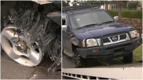 A car's tyres have been completely shredded. (9NEWS)