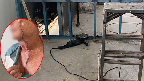 A 71-year-old man who was using a grinder while standing on a ladder suffered a massive cut from his face down to his chest﻿.