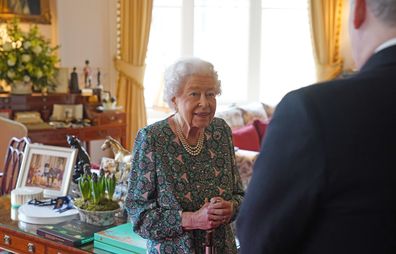 Queen Elizabeth II speaks during an audience at Windsor Castle when she met the incoming and outgoing Defence Service Secretaries at Windsor Castle on February 16, 2022 in Windsor, England. 