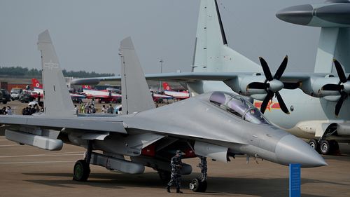 A Chinese J-16 multirole strike fighter for the People's Liberation Army Air Force (PLAAF) is shown at the 13th China International Aviation and Aerospace Exhibition in Zhuhai on September 28.