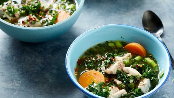 Poached chicken and vegetable broth