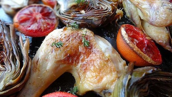 Roasted chicken with blood orange and artichokes